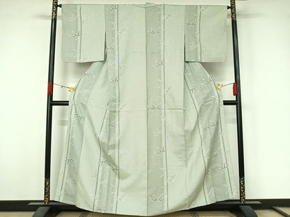 平和屋着物▽お召　単衣　笹竹文　正絹　逸品　AABL0460jh