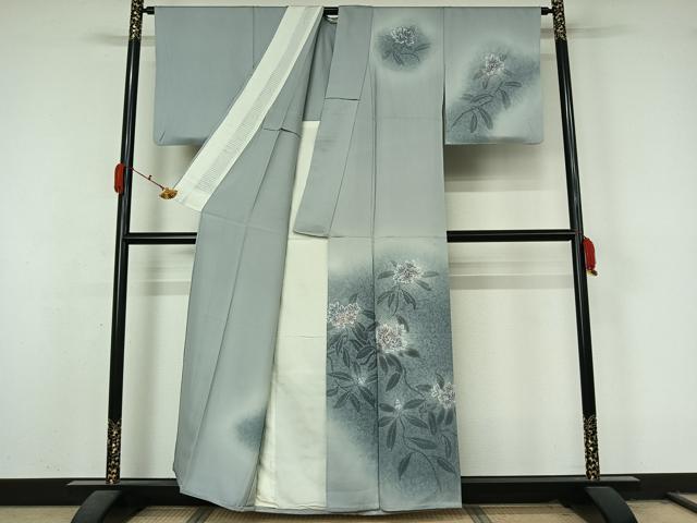 平和屋着物▽訪問着　単衣　手描き　刺繍　枝花文　暈し染め　正絹　逸品　AABL0464jh