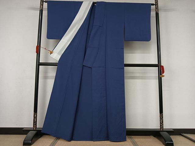 平和屋着物▽上質な色無地　単衣　市松地紋　青藤色　正絹　逸品　AABL0465jh
