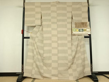 平和屋着物▽伝統工芸士　白川貞夫　お召　単衣　横段文　本しぼ柿渋染め　証紙付き　正絹　逸品　AABL0476jh