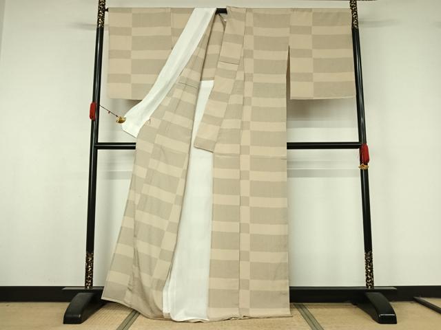 平和屋着物▽伝統工芸士　白川貞夫　お召　単衣　横段文　本しぼ柿渋染め　証紙付き　正絹　逸品　AABL0476jh