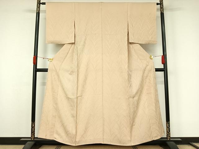 平和屋着物▽あめや藤本　藤本最慶　色無地　単衣　草葉地紋　肌色　正絹　逸品　AABL0478jh