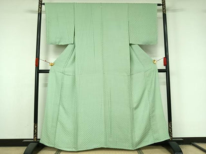 平和屋着物▽上質な色無地　単衣　松皮菱地紋　夏虫色　正絹　逸品　AABL0491jh