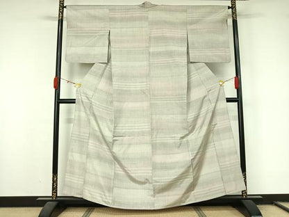 平和屋着物▽上質な紬　単衣　横段文　正絹　逸品　AABL0493jh
