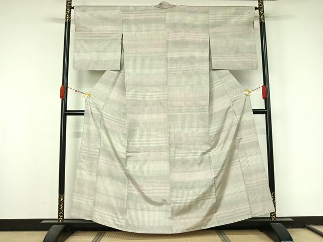 平和屋着物▽上質な紬　単衣　横段文　正絹　逸品　AABL0493jh