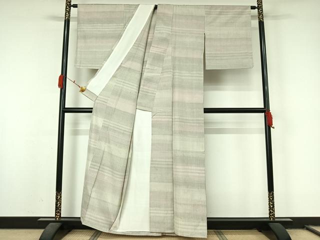 平和屋着物▽上質な紬　単衣　横段文　正絹　逸品　AABL0493jh