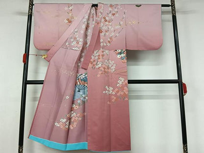平和屋着物▽訪問着　単衣　洗面流水花文　暈し染め　金彩　洗える着物　AABL0497jh