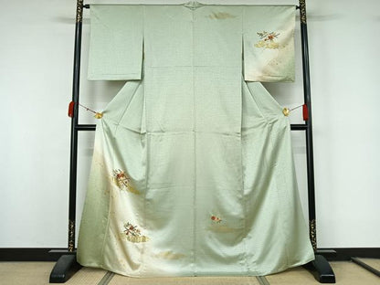 平和屋着物▽訪問着　単衣　刺繍　草花文　暈し染め　金糸　銀彩　正絹　逸品　AABL0498jh