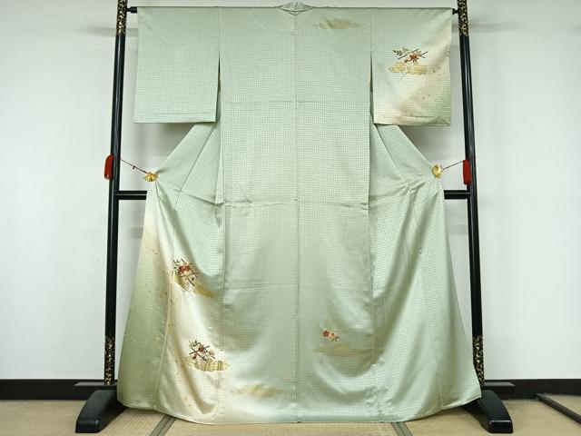 平和屋着物▽訪問着　単衣　刺繍　草花文　暈し染め　金糸　銀彩　正絹　逸品　AABL0498jh