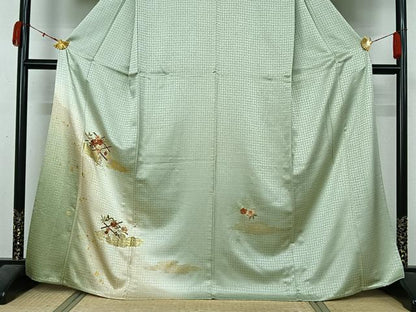 平和屋着物▽訪問着　単衣　刺繍　草花文　暈し染め　金糸　銀彩　正絹　逸品　AABL0498jh