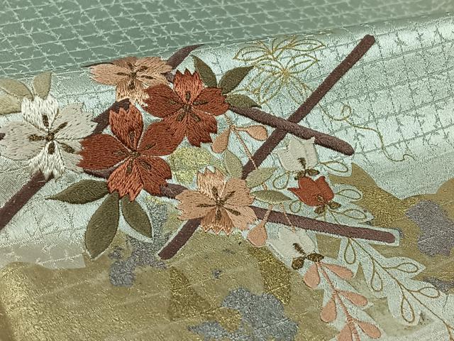 平和屋着物▽訪問着　単衣　刺繍　草花文　暈し染め　金糸　銀彩　正絹　逸品　AABL0498jh