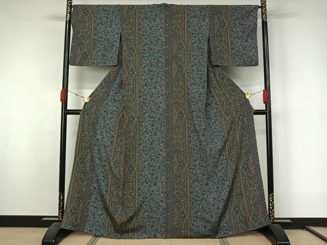 平和屋着物▽上質な小紋　単衣　更紗花間道　正絹　逸品　AABL0504jh