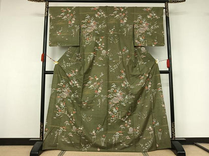 平和屋着物▽訪問着　単衣　友禅　紬地　風景花文　金彩　正絹　逸品　AABL0510jh