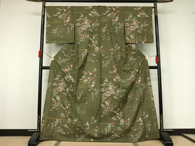 平和屋着物▽訪問着　単衣　友禅　紬地　風景花文　金彩　正絹　逸品　AABL0510jh