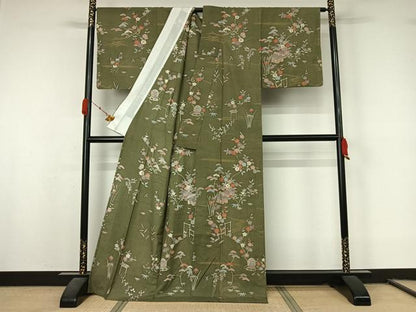 平和屋着物▽訪問着　単衣　友禅　紬地　風景花文　金彩　正絹　逸品　AABL0510jh