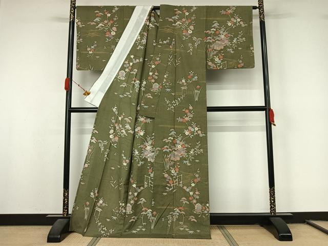 平和屋着物▽訪問着　単衣　友禅　紬地　風景花文　金彩　正絹　逸品　AABL0510jh