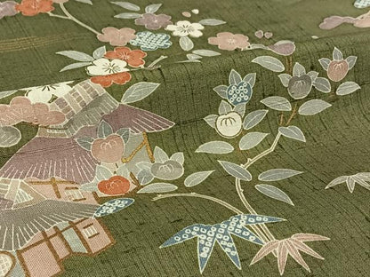 平和屋着物▽訪問着　単衣　友禅　紬地　風景花文　金彩　正絹　逸品　AABL0510jh