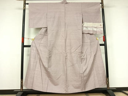 平和屋着物▽上質な紬　単衣　半沢織　灰桜色　反端付き　正絹　逸品　AABL0513jh