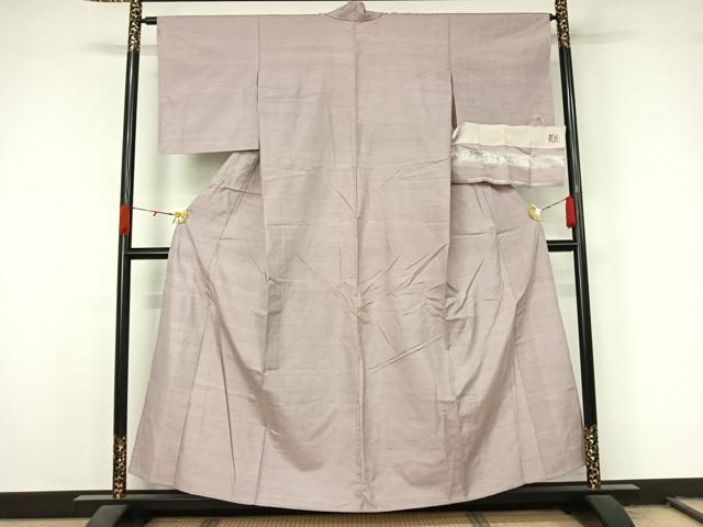 平和屋着物▽上質な紬　単衣　半沢織　灰桜色　反端付き　正絹　逸品　AABL0513jh