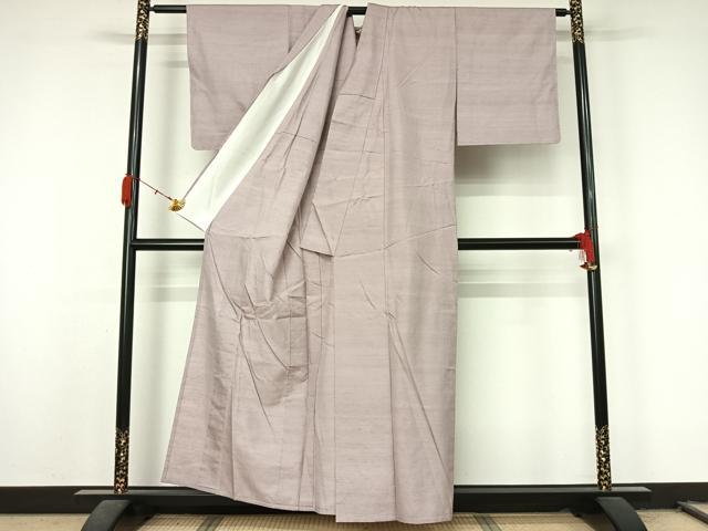 平和屋着物▽上質な紬　単衣　半沢織　灰桜色　反端付き　正絹　逸品　AABL0513jh