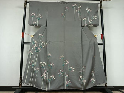 平和屋着物▽本加賀友禅作家　由水煌人　訪問着　単衣　草花文　三越扱い　正絹　逸品　AABL0515jh
