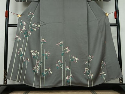 平和屋着物▽本加賀友禅作家　由水煌人　訪問着　単衣　草花文　三越扱い　正絹　逸品　AABL0515jh