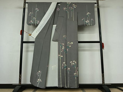 平和屋着物▽本加賀友禅作家　由水煌人　訪問着　単衣　草花文　三越扱い　正絹　逸品　AABL0515jh