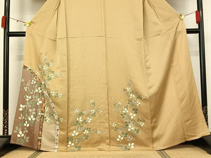 平和屋着物▽訪問着　単衣　駒刺繍　草花文　金糸　金彩　正絹　逸品　未使用　AABL0517jh