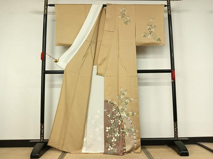 平和屋着物▽訪問着　単衣　駒刺繍　草花文　金糸　金彩　正絹　逸品　未使用　AABL0517jh
