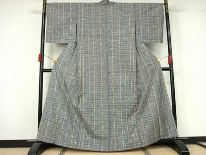 平和屋着物▽上質な紬　単衣　格子　正絹　逸品　AABL0519jh