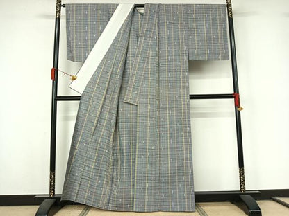 平和屋着物▽上質な紬　単衣　格子　正絹　逸品　AABL0519jh