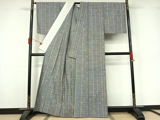 平和屋着物▽上質な紬　単衣　格子　正絹　逸品　AABL0519jh