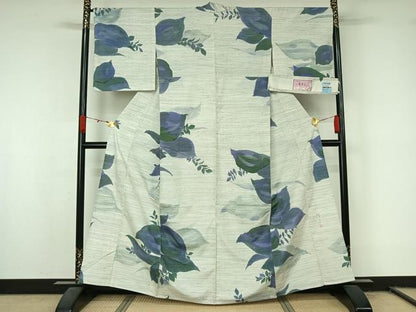 平和屋着物▽手描友禅女流作家　一色生子　紬　単衣　草花文　反端付き　正絹　逸品　AABL0533jh