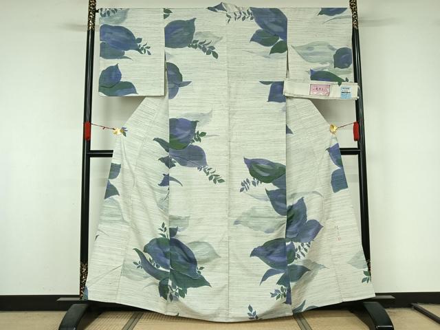 平和屋着物▽手描友禅女流作家　一色生子　紬　単衣　草花文　反端付き　正絹　逸品　AABL0533jh