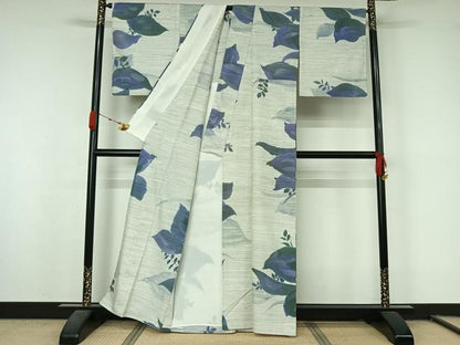 平和屋着物▽手描友禅女流作家　一色生子　紬　単衣　草花文　反端付き　正絹　逸品　AABL0533jh