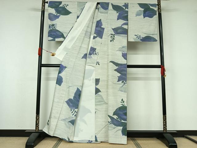 平和屋着物▽手描友禅女流作家　一色生子　紬　単衣　草花文　反端付き　正絹　逸品　AABL0533jh