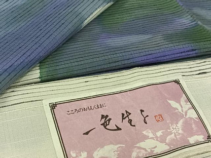 平和屋着物▽手描友禅女流作家　一色生子　紬　単衣　草花文　反端付き　正絹　逸品　AABL0533jh