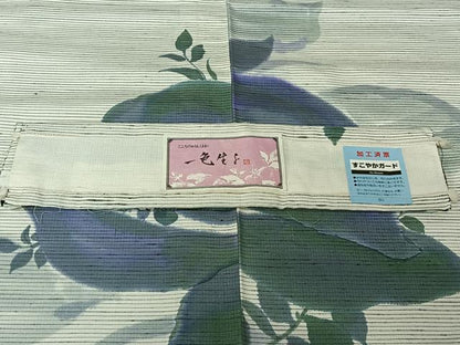 平和屋着物▽手描友禅女流作家　一色生子　紬　単衣　草花文　反端付き　正絹　逸品　AABL0533jh