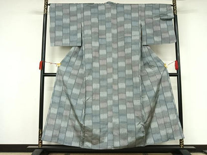 平和屋着物▽上質な紬　単衣　幾何学文様　正絹　逸品　AABL0542jh