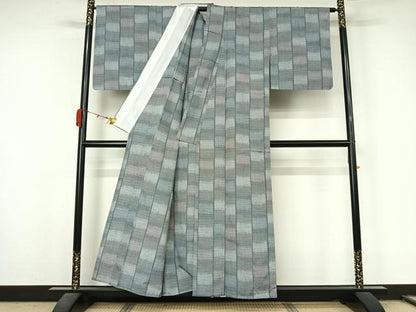 平和屋着物▽上質な紬　単衣　幾何学文様　正絹　逸品　AABL0542jh