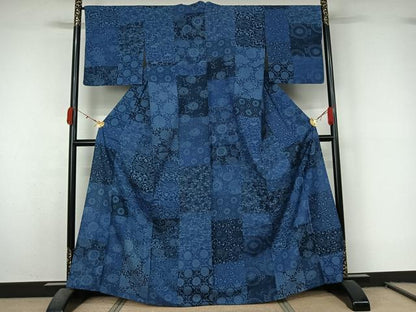 平和屋着物▽上質な小紋　単衣　本藍　型染め　草花文　正絹　逸品　AABL0545jh