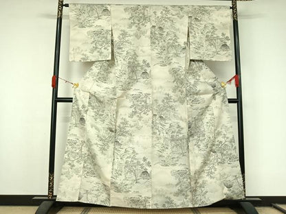 平和屋着物▽上質な紬　単衣　風景文　正絹　逸品　AABL0547jh