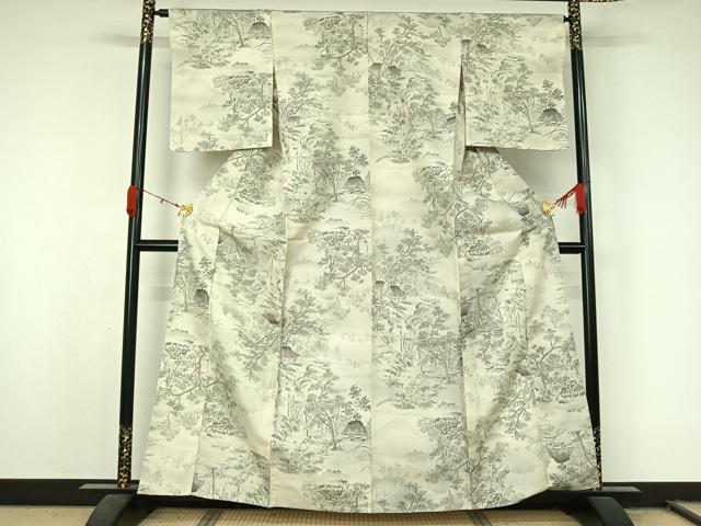 平和屋着物▽上質な紬　単衣　風景文　正絹　逸品　AABL0547jh