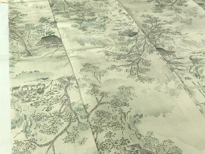 平和屋着物▽上質な紬　単衣　風景文　正絹　逸品　AABL0547jh