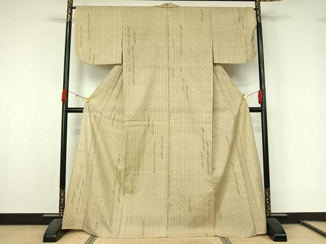 平和屋着物▽上質な小紋　単衣　生紬地　手描き　草花文　正絹　逸品　AABL0550jh