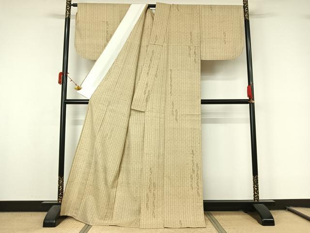 平和屋着物▽上質な小紋　単衣　生紬地　手描き　草花文　正絹　逸品　AABL0550jh