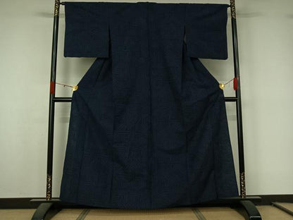 平和屋着物▽上質な紬　単衣　幾何学文様　正絹　逸品　AABL0551jh