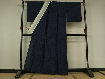 平和屋着物▽上質な紬　単衣　幾何学文様　正絹　逸品　AABL0551jh