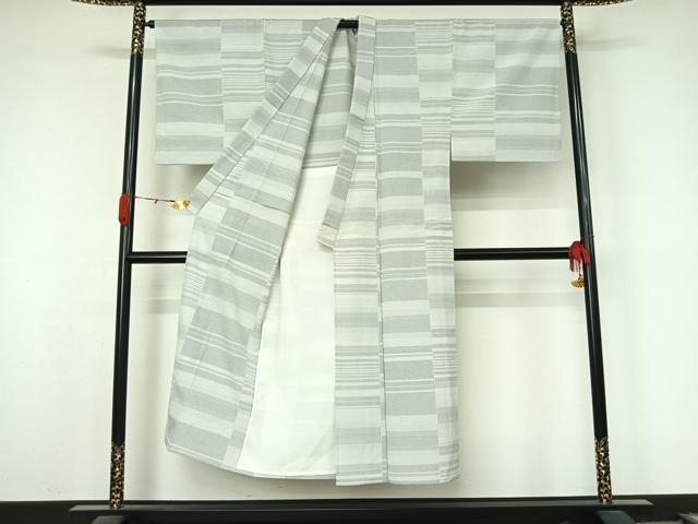 平和屋着物▽男性　本塩沢　単衣　横段文　正絹　逸品　AABL0557jh