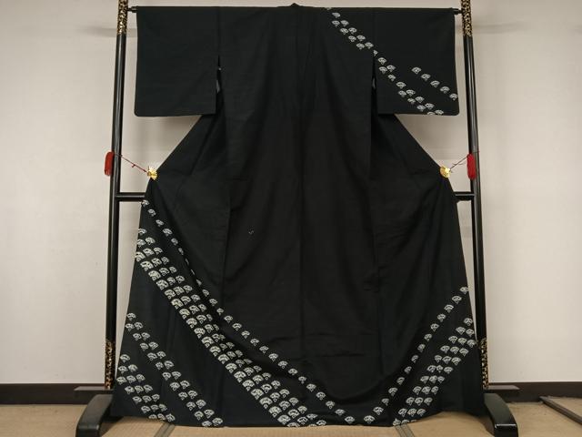 平和屋着物▽訪問着　単衣　紬地　絞り　青海波　黒地　正絹　逸品　AABL0559jh